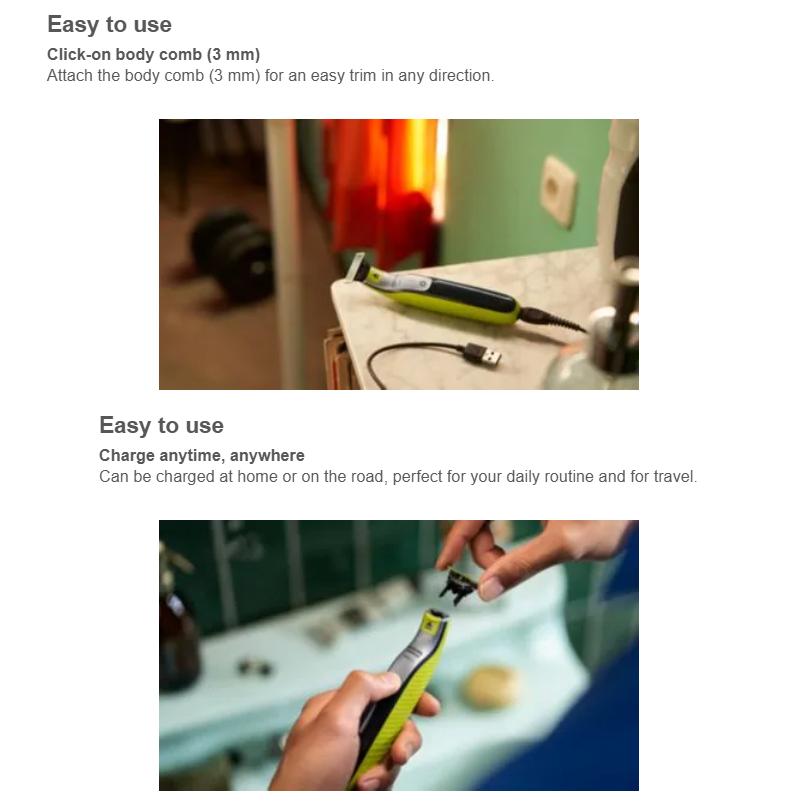 Philips Norelco OneBlade 360 Face + Body, Hybrid Electric Razor and Beard Trimmer for Men with 5-in-1 Face Stubble Comb and Body Hair Trimmer Kit, QP2834/70