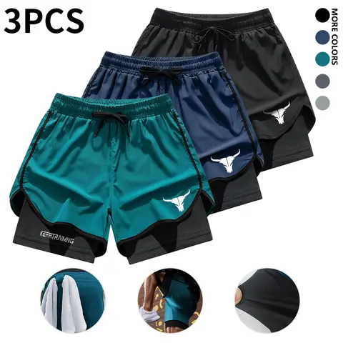 Men’s 3-Pack 2-in-1 Bull Head Print Beach/Sand Shorts, Elastic Drawstring Waist Active Outdoor Athletic Training Bottoms, Lightweight Fitted Cut Quick-Drying Breathable Performance Shorts for Fitness, Running