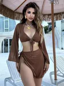 Single Color Two-Piece Swimsuit Set Long Sleeve Swimwear with Belted Skirt, 4 Piece Suit, Women's Beachwear, Summer Fashion, Beach Bathing Suit