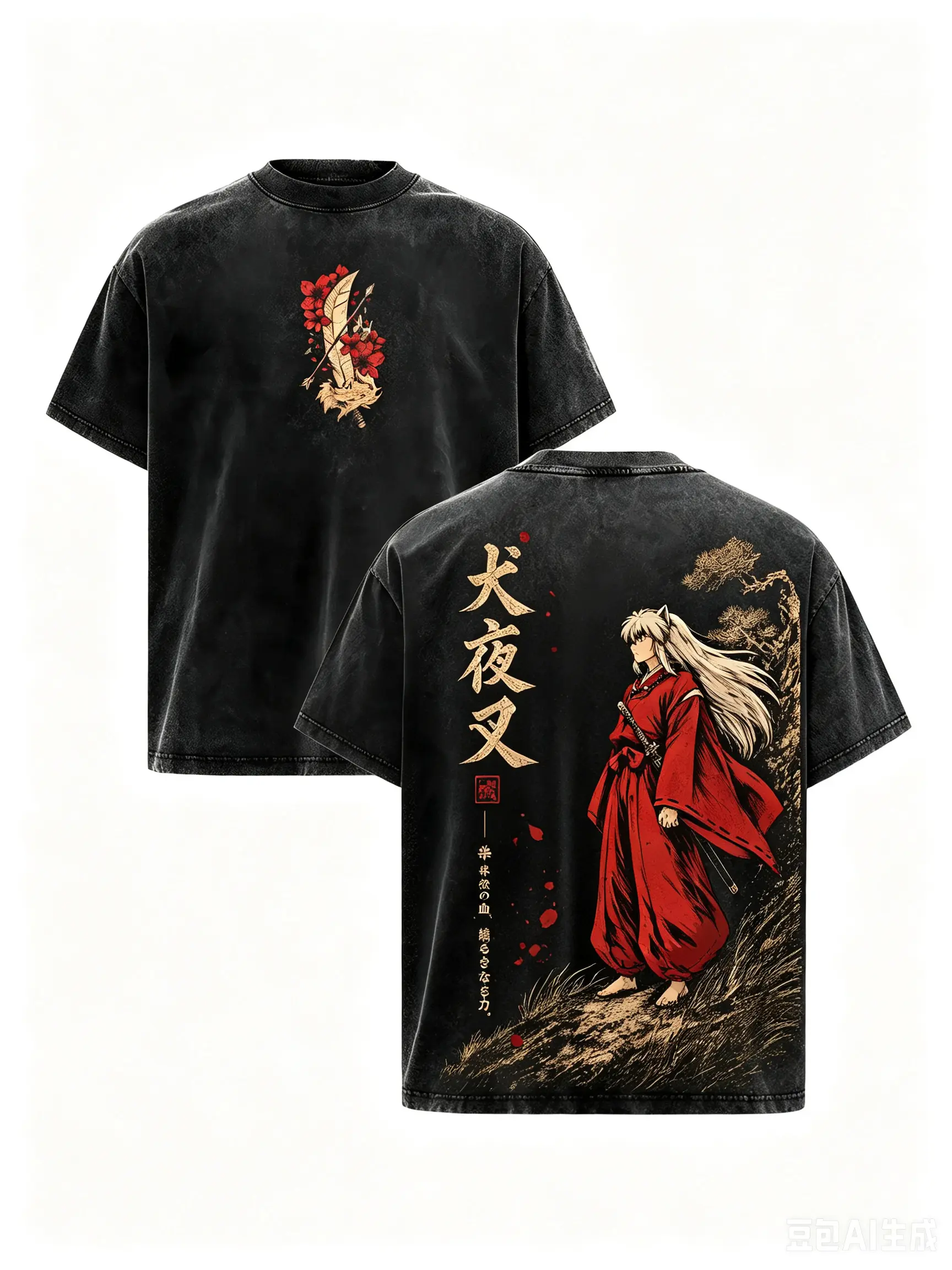 100% Cotton T-shirt.Inuyasha Vintage Clothes Washed Anime Graphic Tee Manga Shirt Japan Anime T-Shirt Oversized Heavy Cotton Streetwear Top Apparel Classic Anime Fan Gift for Men & Woman,Inuyasha Half Demon Japanese Calligraphy Otaku Anime Merch
