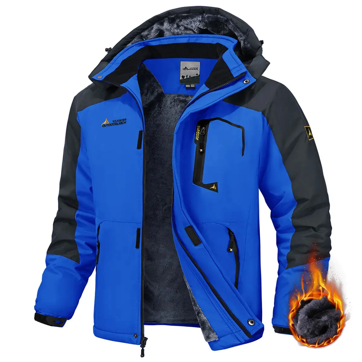 Men’s Colorblock Polyester Fleece Lined Hooded Winter Snow Jacket Windproof, Water Resistant, Insulated Outer Coat with Drawstring Hood, Adjustable Cuffs, Multiple Zippered Pockets, Frost Protection for Skiing, Camping