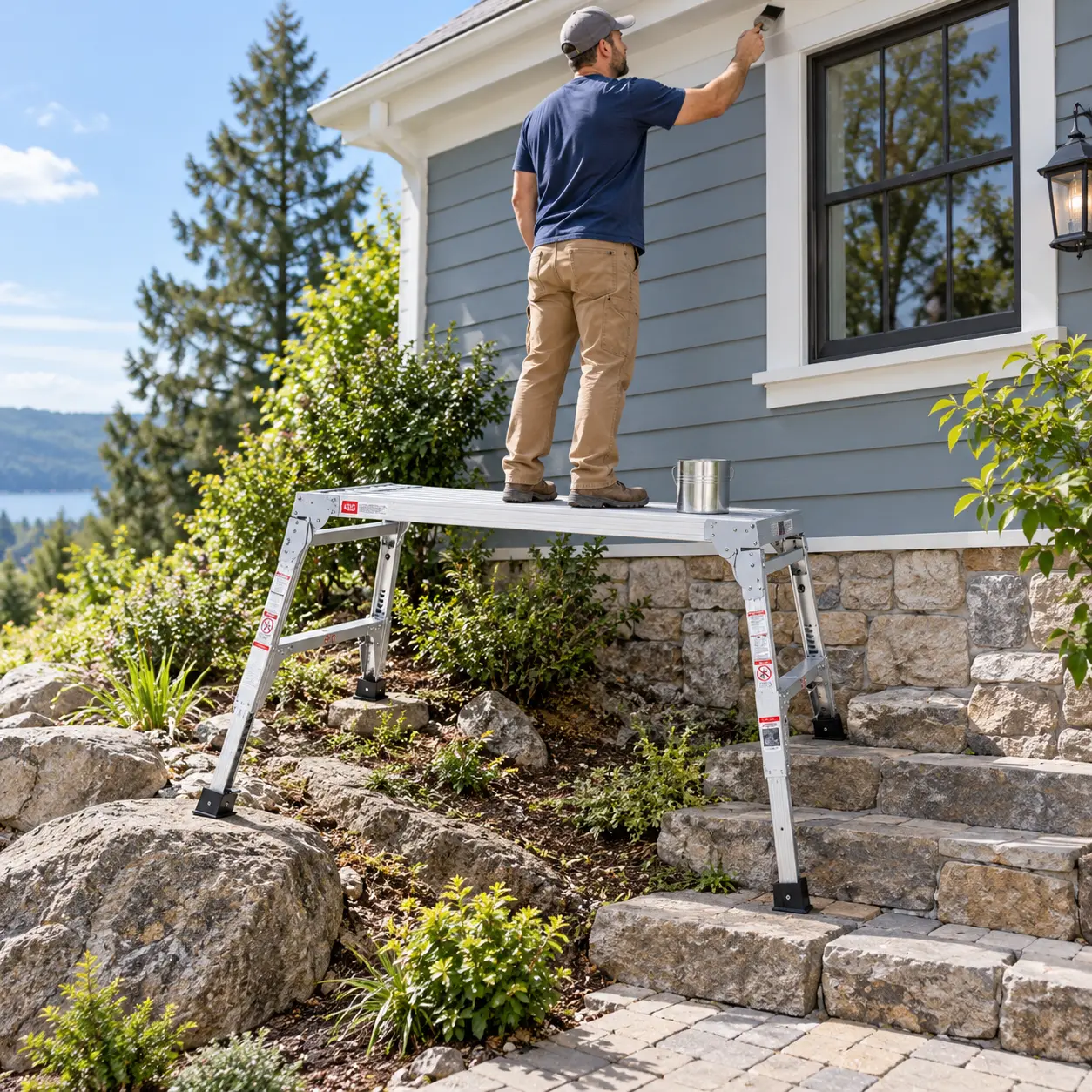 Folding Aluminum Work Platform, Large 40" Width Step Stool with Telescopic Feet, 22"-27.5" Height Adjustable Portable Work Bench for Home Improvement & Building Supplies