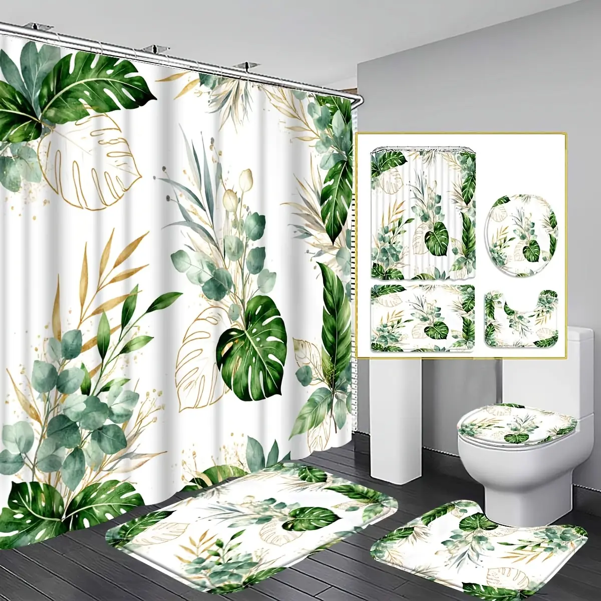 4pcs Tropical Green Leaf Shower Curtain Set, Monstera Eucalyptus Golden-Edged Leaf Print Bathroom Decor, Bathroom Accessories Including Bath Mat, U-Shaped Mat, Toilet Lid Cover, Shower Curtain with Hooks, Tropical Greenery, Instagram-Style Bathroom