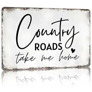 "Country Roads Take Me Home" Metal Sign 12x8 Inches – Aluminum Rustic Farmhouse & Country Music Wall Decor with Heart Accent