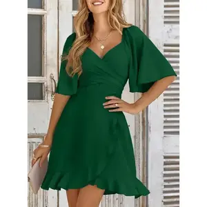 [50%+OFF Today] Women's Wrap V Neck Short Flared Sleeve Wedding Guest Dress Smocked Elastic Waist Tiered Belted Ruffle Hem Mini Dress Casual Summer Womenswear Baby Fit Chiffon