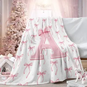 Coquette Pink Bow Monogram Flannel Throw Blanket, Custom Letter A Ribbon Blanket for Girls Teens, Multi-use Cozy Blanket for Bed Sofa Cover Office Nap Car Camping Travel