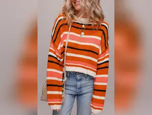 Orange Stripe Drop Shoulder Cropped Pullover Sweater