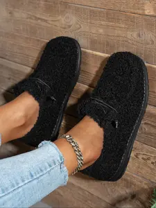 Women's Fall Winter Casual Loafers, Slip on Flats, Low Top Lace-Up Flat Shoes, Warm Fleece Lining, Comfortable Fashion Footwear for Daily Wear