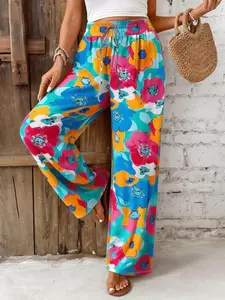 Fashion Colorful Floral Print Wide-Leg Pants with Drawstring Adjustable Waist, Curve Plus Size Loose Bohemian Casual Trousers Y2K Clothes Vacation Outfits Trendy Street Style Daily Date Wear Cute Beach Wear