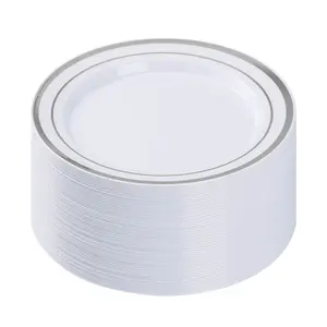 Goodluck 100PCS White Plastic Dinner Plates with Double Silver Rim Large Round Heavy Duty Disposable Plates for Parties Weddings Birthdays & Desserts Elegant Durable Tableware