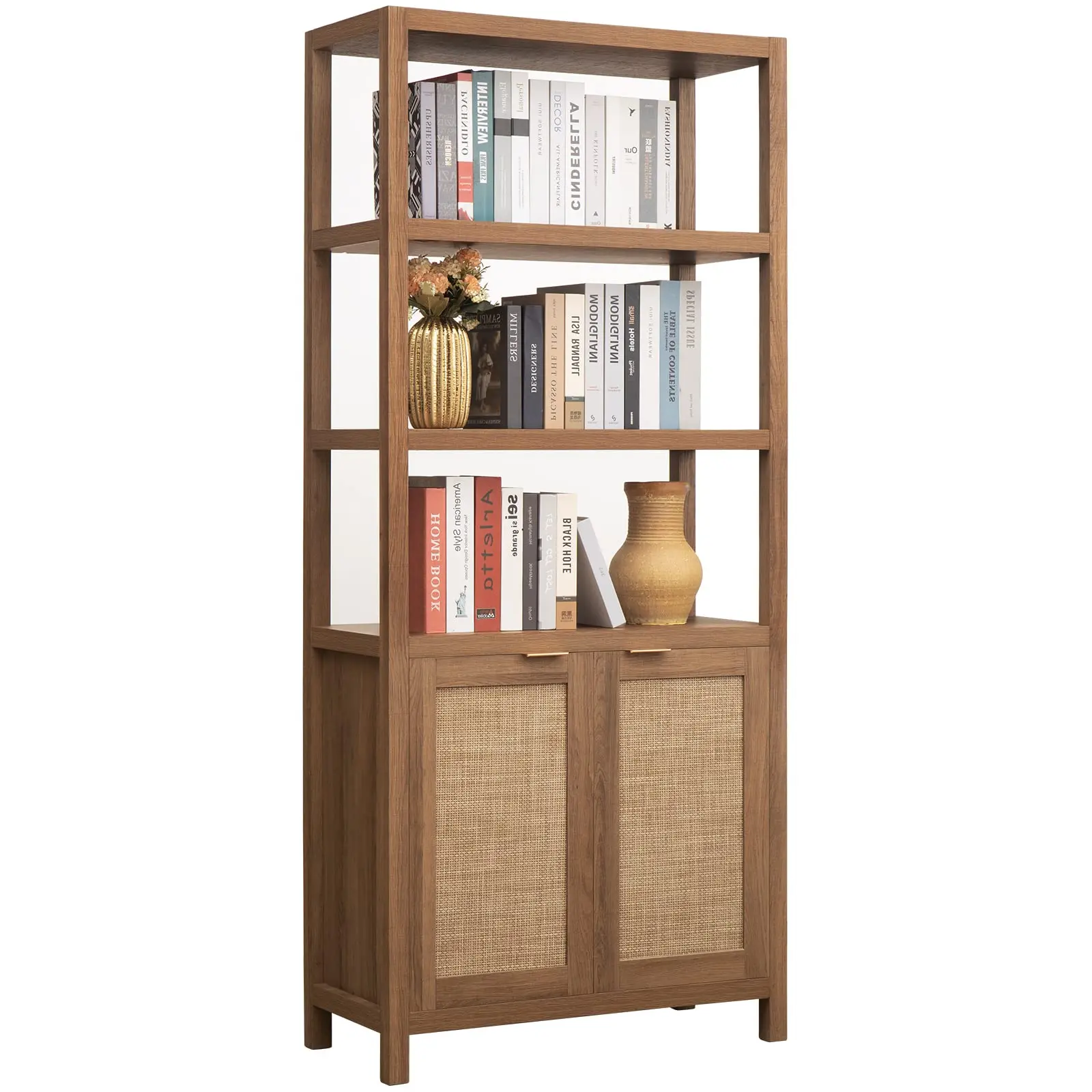 SICOTAS 5-Tier Rattan Boho Bookshelf Book Rack - 71" Extra Tall Engineered Wood Bookcase with Doors, Elevated Display Shelf Living Room Furniture for Bedroom Home Office, Engineered Wood Living Room Furniture