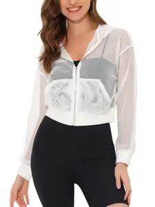 INSPIRE CHIC Zip Up Fishnet Hoodie See-through Sheer Crop Bomber Mesh Jacket