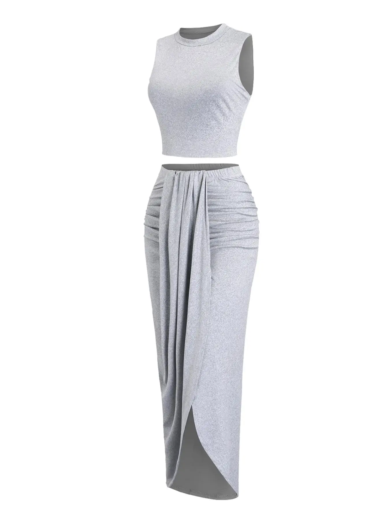 Women's Solid Crop Tank Top & Ruched Asymmetrical Hem Split Skirt Set, Casual Mock Neck Sleeveless Top & High Waist Wrap Skirt,, Cute Summer Outfit