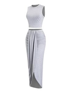 women's solid crop tank top & ruched asymmetrical hem split skirt set, chic casual mock neck sleeveless top & high waist wrap skirt, summer outfits 2024