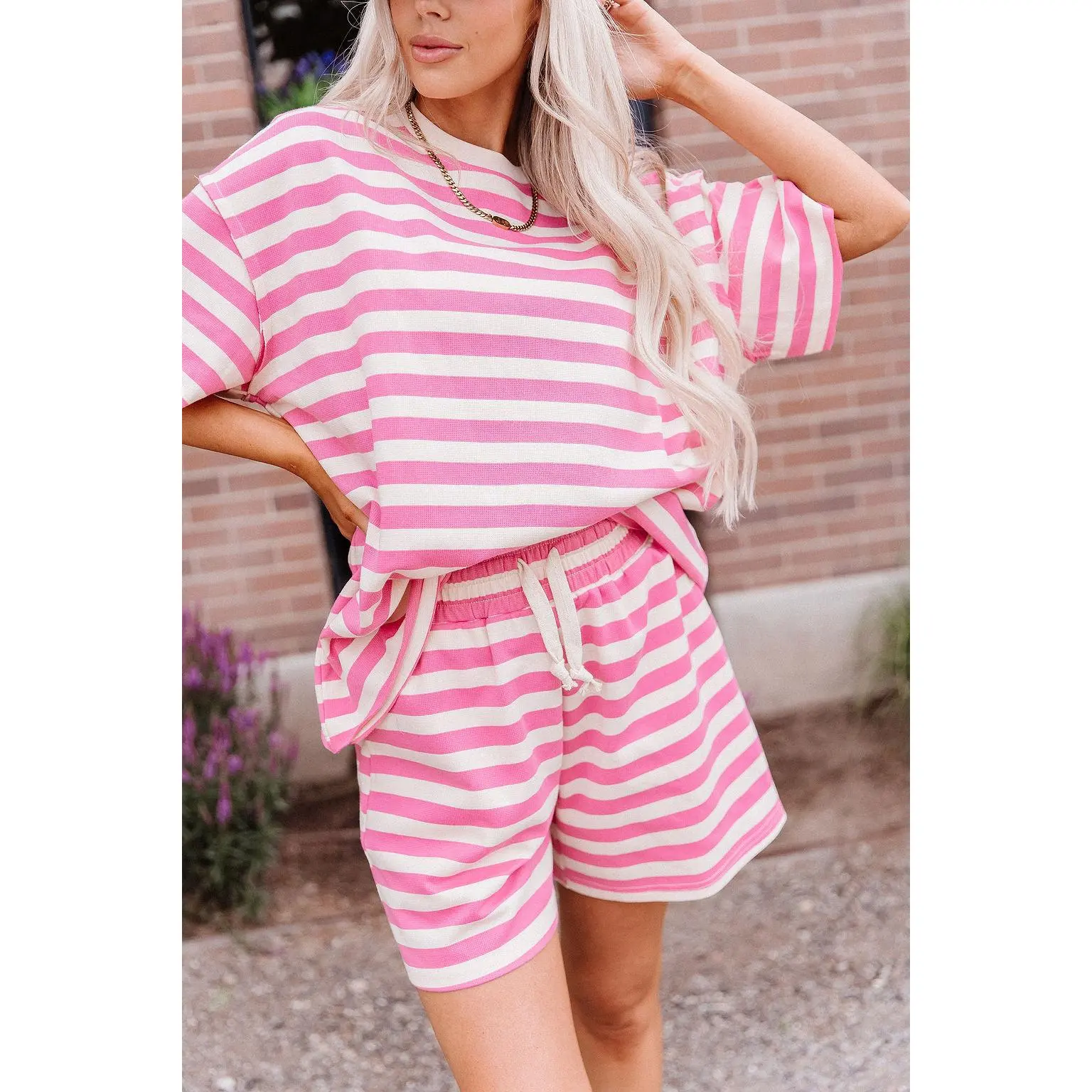 Waffle Boyfriend Tee - Bubblegum Stripe | Womenswear Oversized T-Shirt Pink Stripe | Soft Waffle Fabric | Plus Size