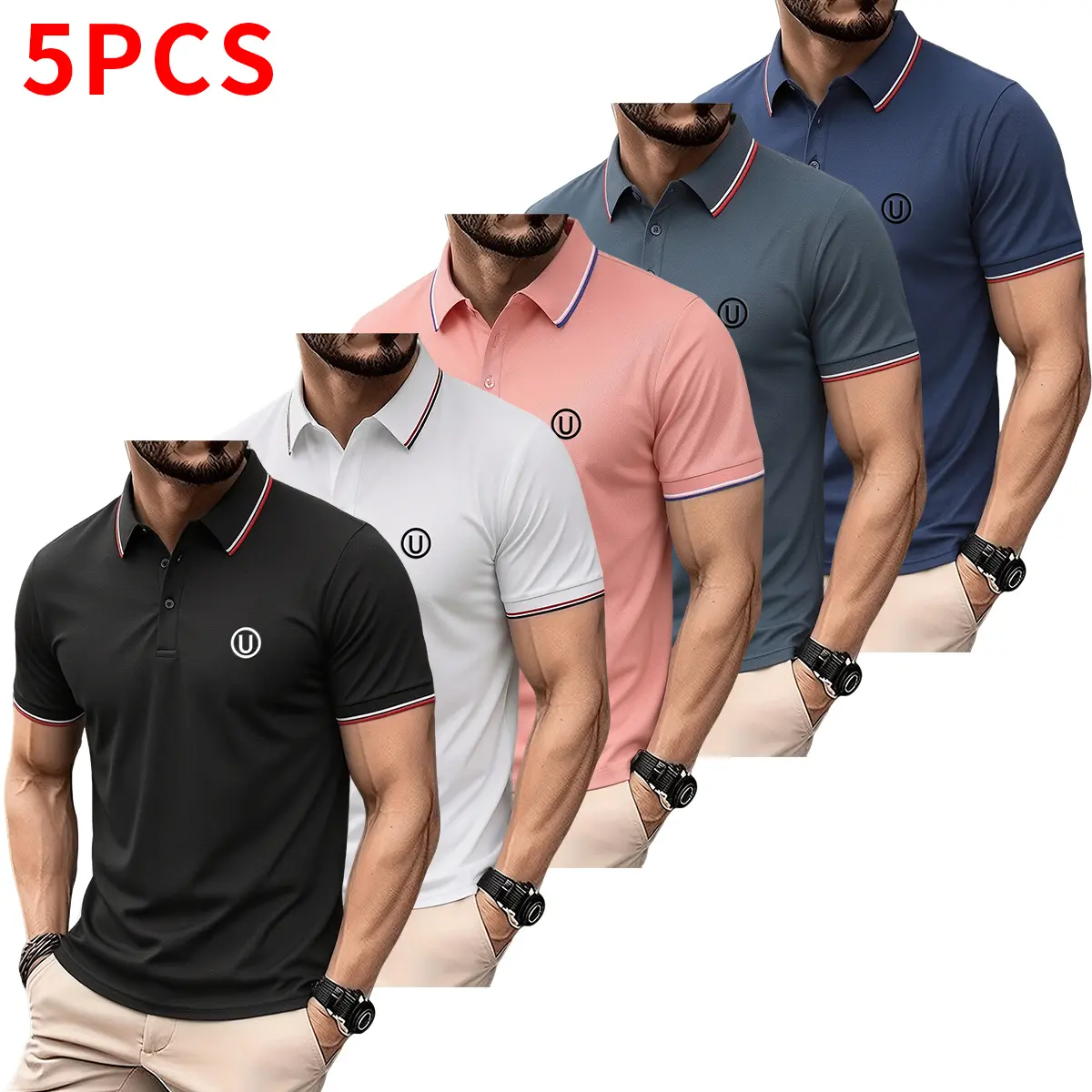 5-piece set of men’s minimalist polo shirts suitable for commuting and outdoor wear. Comfortable fabric with letter print design. Summer short-sleeve polos ideal for everyday summer wear.
