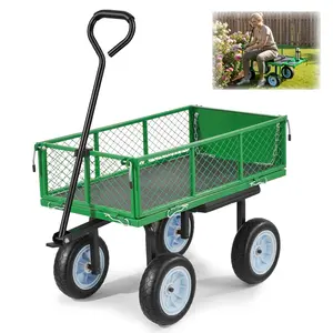 VEVOR Garden Cart with Seat, 500 LBS, Rolling Steel Garden Work Seat with Wheels, Heavy Duty Gardening Stool, with Tool Tray Adjustable Handle, Outdoor Yard Wagon, for Lawn, Patio, Backyard, Green