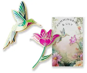 Hummingbird & Pink Lily Flower Lapel Pin 2-Piece Set, Garden Flower Bird Gifts