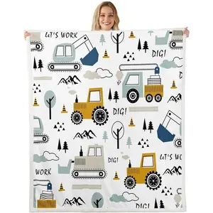 Cartoon Car Kids Fleece Throw Blanket Construction Sherpa Plush Throw 50"x60" - Trucks, Excavator, Tractor - White, Yellow