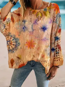 Women's Summer Knit Top, Butterfly Pattern All Over Print Long Sleeve, Loose Fit Boho Style, Casual Elegant Commuter Wear, Vacation Tank Top, Womenswear