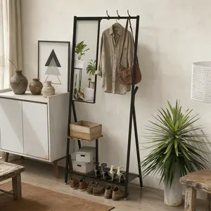 CoatRackwithMirror-MultifunctionalHallTreewithShoeStorage,MetalFrame73"TallIndustrialStyleRusticBrownBlackforEntrywayLivingRoomBedroom,SpaceSavingWallMountedFreestandingOrganizerFurnitureforApartmentDormEssentials