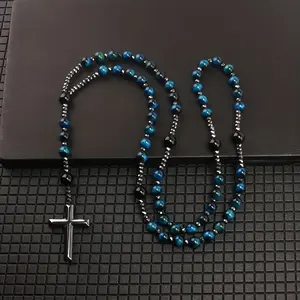 LL 8mm Blue Tiger Eye Bead Cross Pendant Necklace - Bohemian Style, Synthetic Stone, Ideal for Daily Wear & Special Occasions, Perfect Gift for Friends and Family, Everyday Accessory | Bohemian Necklace | Artificial Ston