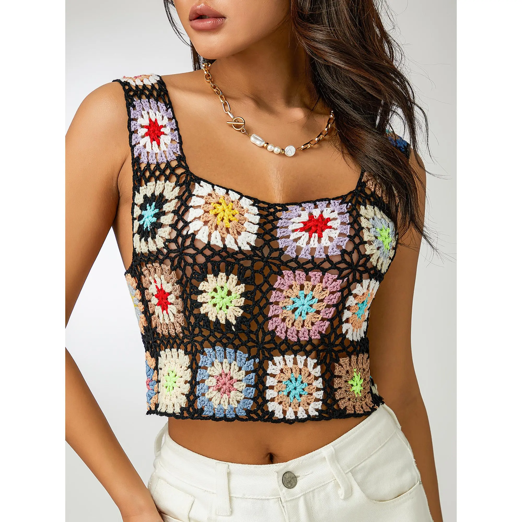 Women´s Summer Sleeveless Tops Colorful Hand Crochet Embroidery Openwork Knit Tank Tops