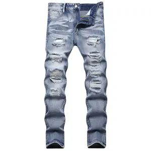 Men’s casual worn-out slim-fit washed denim jeans