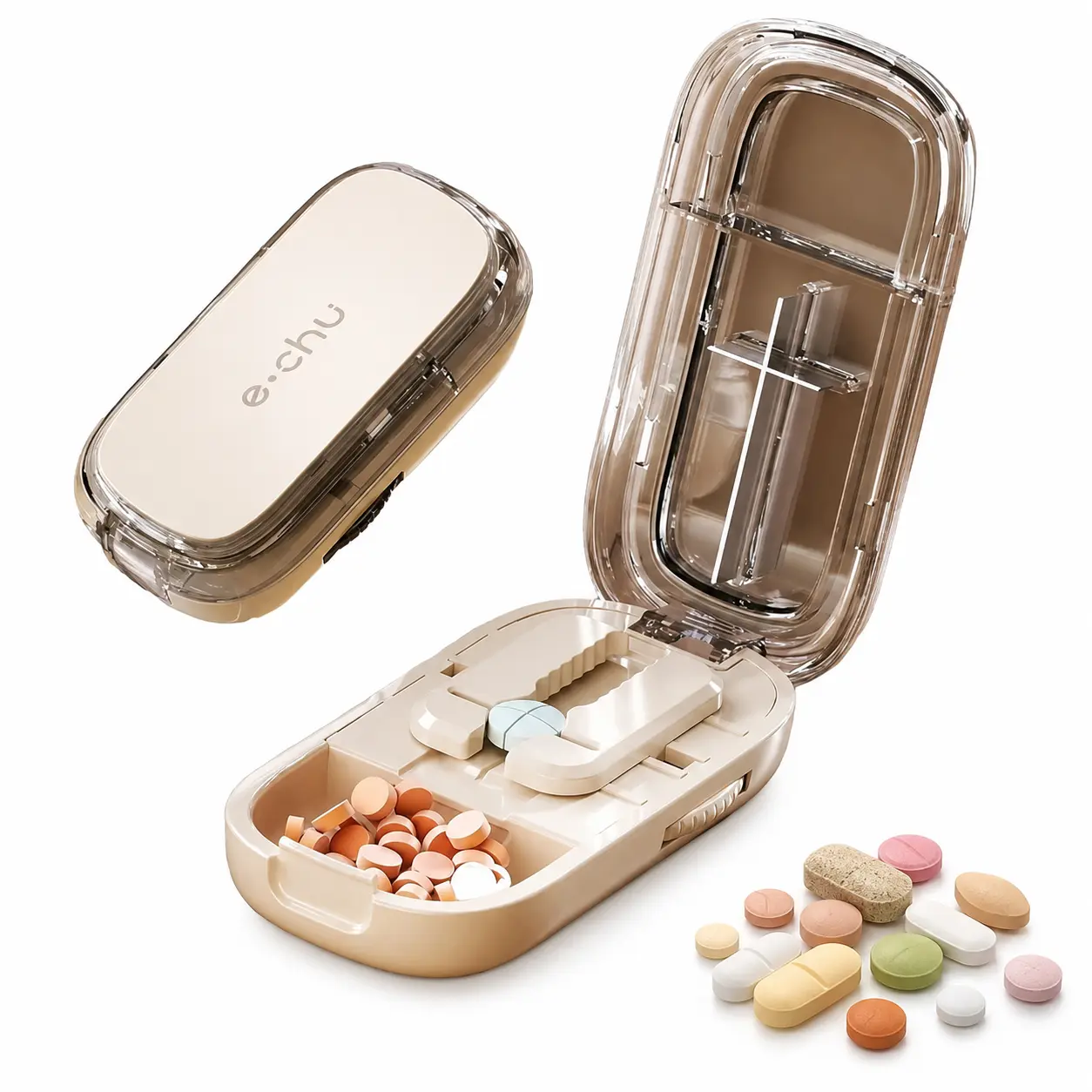 Upgrade Compact 3-in-1 Pill Splitter Organizer, Adjustable Pill Cutter and Splitter for Multiple Pills, Portable Cutting Tool for Pills with Precise Alignment, Multifunctional Tablet Organizer Box for Travel, Pet Medication and Daily Use