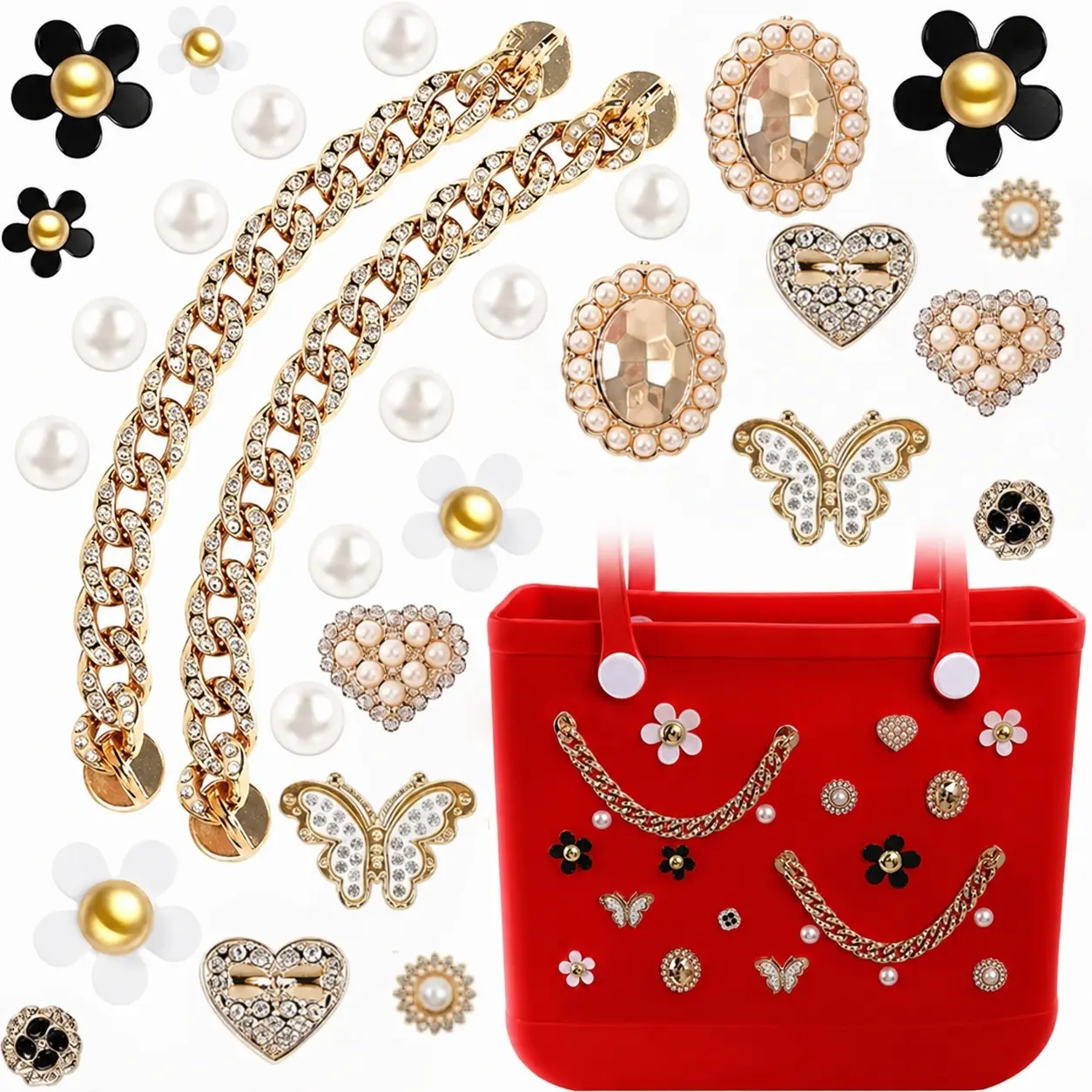 30 PCS Shoe or Bogg Bag Decoration Charms - Pearls, Flowers, Butterflies & Bling Chains Compatible with Rubber Beach Bag, Simply Southern Beach Bag & Tote Insert