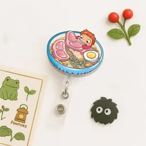 Cute Ponyo Ramen Bowl Badge Reel, Cute Anime Meat Lover ID Clip, Kawaii Food Badge for Nurses, Teachers, and Anime Fans