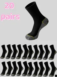 20 pairs of men's seasonal casual sports mid tube socks, solid color, breathable, sweat absorbing, and odor proof, versatile for both business and casual sports wear, Sweat Absorbent Socks