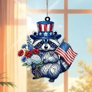 Patriotic Raccoon Acrylic Suncatcher, Uncle Sam Raccoon Window Hanging, 4th of July American Flag Ornament, USA 250th Anniversary Decor, Red White Blue Patriotic Gift