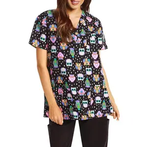 Women’s Black Owl Scrub Top – Hoot Hoot Print Medical Uniform & Cute Nurse Workwear