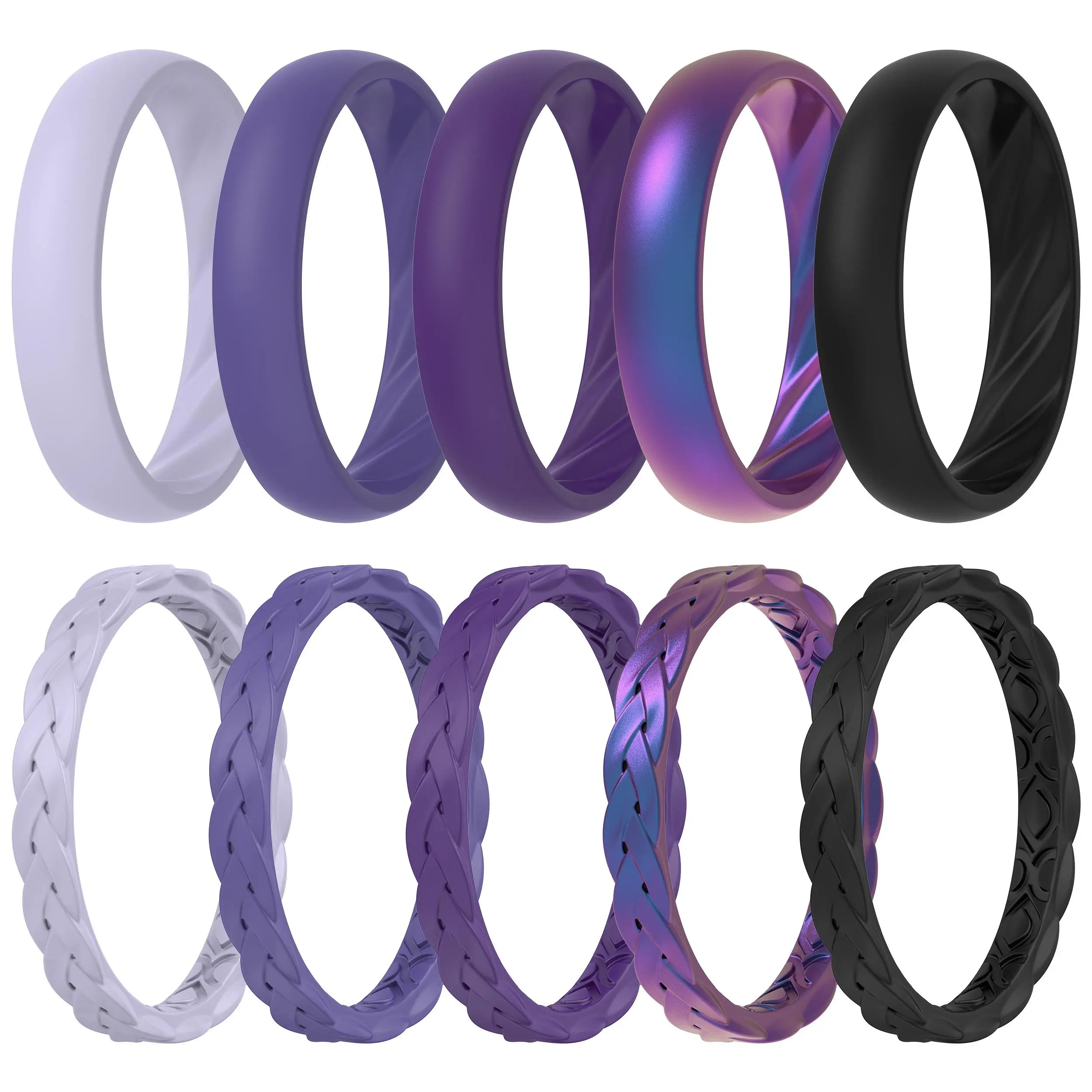 ThunderFit Silicone Rings for Her - Mix Women's Silicone Wedding Rings, 1.8mm Thick Rubber Engagement Rings Braided & 4mm Classic Rings Combo