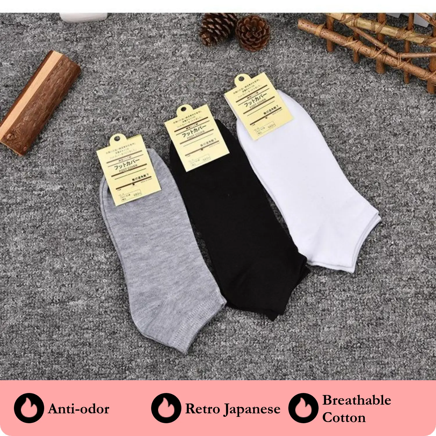 Vintage Japanese-Style Cotton Ankle Socks for Men & Women, Soft Breathable Anti-Odor Sporty Design for Activewear, Aesthetic, Ankle Sports Socks, Antibacterial Sports Socks