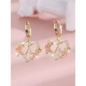 Female A-Z 26 Letter Heart Flower Hoop Earrings Heart Shaped Earrings Yellow Gold Color White Zirconia Wedding Jewelry For Women