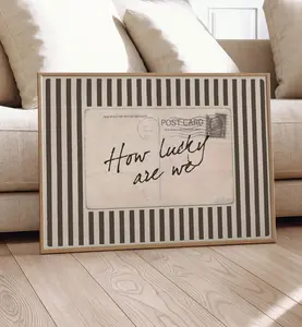 [Sale up to 50%] [Free Ship] How Lucky Are We Wall Art – Vintage Postcard Quote Print, Coquette Brown Striped Aesthetic Poster, Old Money Sentimental