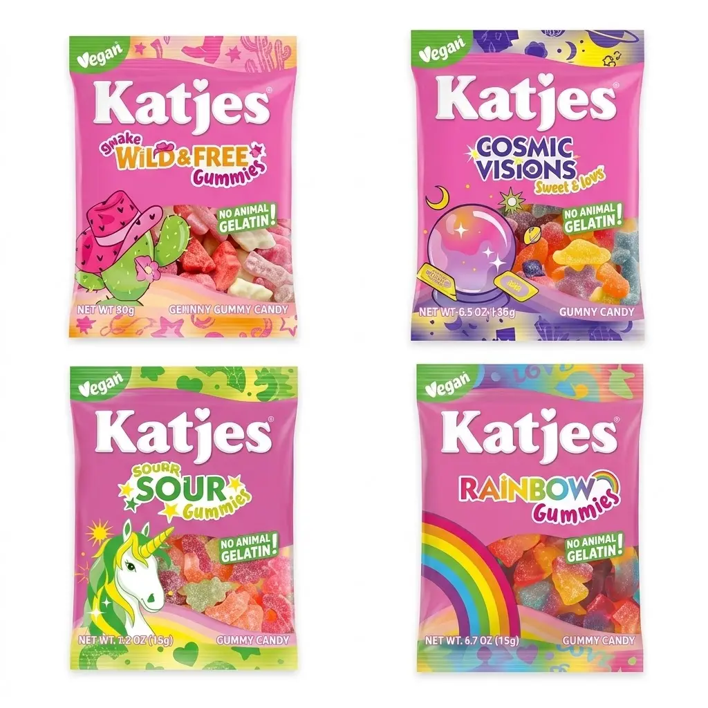 Katjes Vegan Plant-Based Chewy Gummy Candies Assortment Bundle Box - 4 Flavors (Wild & Free, Cosmic Visions, Sparkly Sour, Rainbow), 4-Pack (4.9oz Sugar Syrup Snack), 2-Pack Option Available, Candy Bundle Box