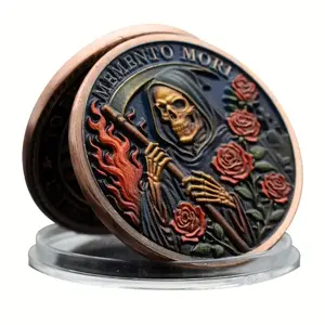 Gothic Death Memorial Coin Copy, Copper Color Flame & Rose Decoration, Dark Fantasy Collector Item, Home Office Decor, High-Quality Craftsmanship