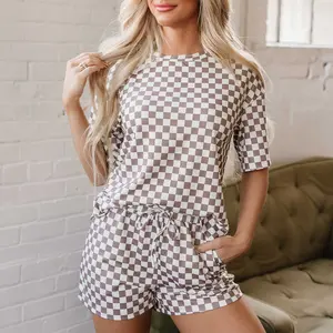 Brown Checkered Top and Short Casual 2pcs Set