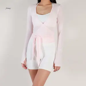 Women's Ballet Wrap Tops Solid Stylish V Neck Long Sleeve Workout T-Shirt for Sports