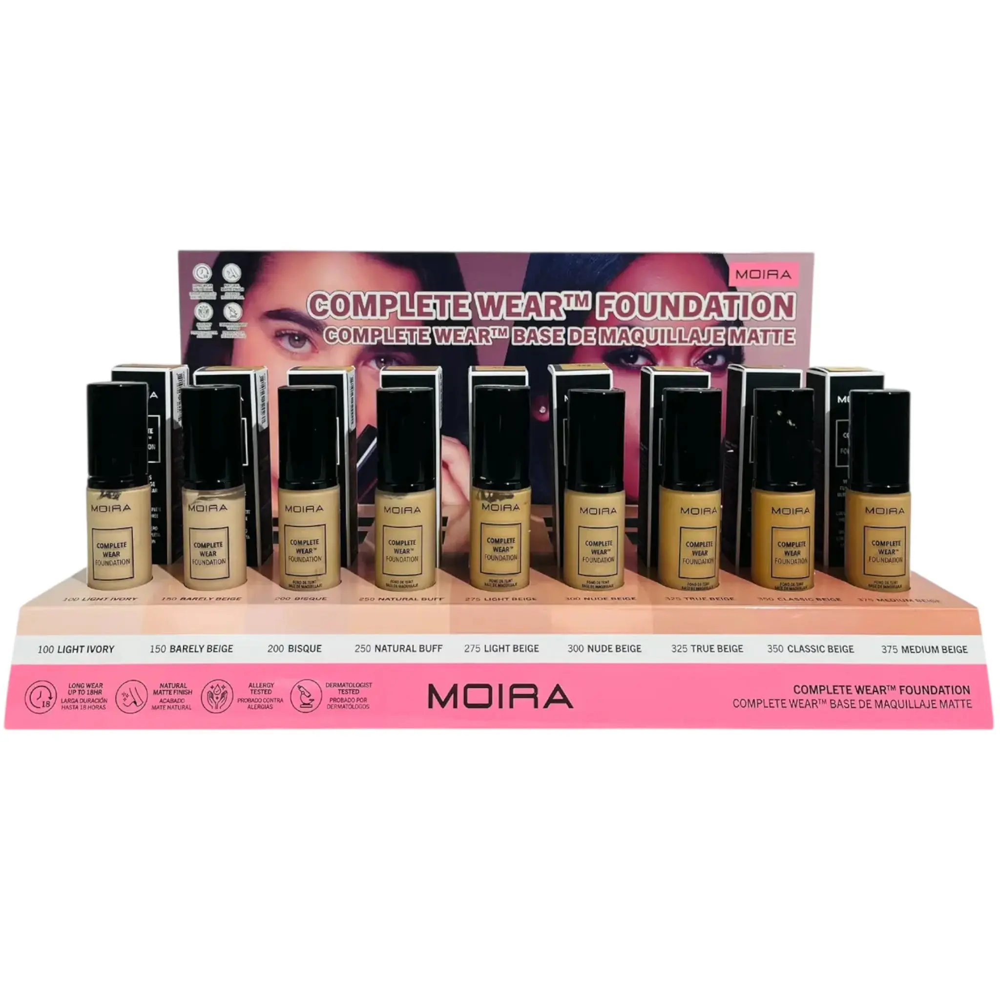 Base de Maquillaje Complete Wear Moira Beauty - Venta al por Mayor Display 27 Unidades + 9 Probador (CWFSET1)