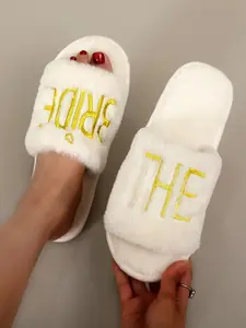 Wedding day bride bridesmaids Women's Fuzzy Cross Strap Slippers, Embroidered Gold Thread THE BRIDE Design, Comfortable Indoor Outdoor Shoes, Perfect for Home & Casual Wear