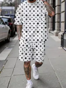 Men's 3D Digital Print Two-Piece Set, Floral Pattern Short Sleeve Top and Shorts, Casual Breathable Sporty Style, Perfect Holiday Gift