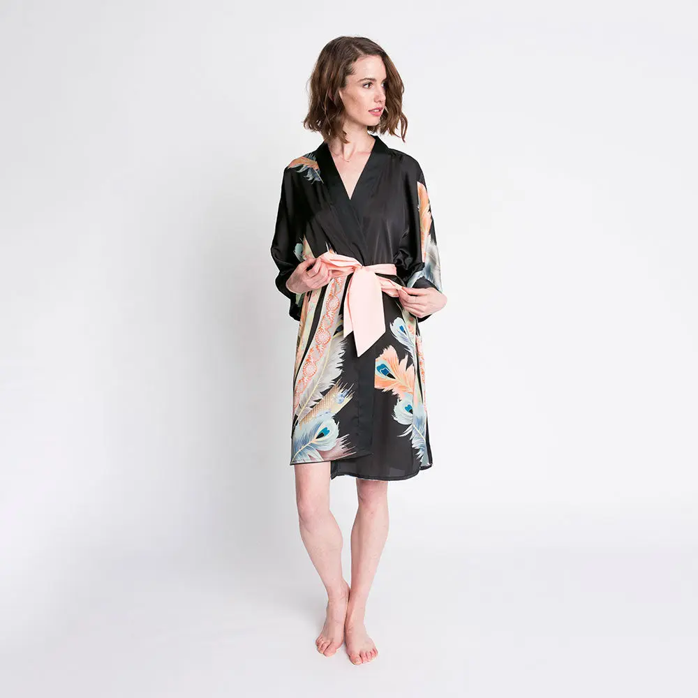Peacock Feather Short Kimono Robe