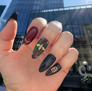 Royal Bee Chic - 10 Handmade Almond Shape Nails with Sticky Tabs Double Sided File Buffer Cuticle Stick & Alcohol Pad Included