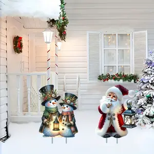 4pcs Christmas outdoor garden decoration stakes, Santa Claus and snowman garden decoration signs, plastic hollow boards with installation poles, suitable for outdoor garden and courtyard scene layout, Floor Standing Ornament