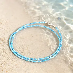 Natural Larimar Tiny 2mm Beaded Minimalist Healing Crystal Stone Choker Necklace, 15in to 17in