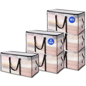 fathersdaygift VEVOR 90L Large Storage Bags, 6 Pack Clothes Storage Bins, Foldable Closet Organizers Containers with Reinforced Handle, Plastic Storage Bags for Clothing, Blanket, Comforter, Bed Sheet, and Pillow